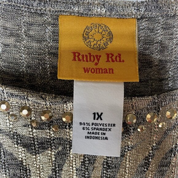 Ruby Rd Zebra Print Knit Tunic Top Womens 1X Rhinestone Trim Handkerchief Holida - Picture 2 of 9